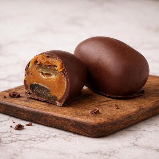 Orange Chocoteja Bonbon whole and cut in half showing candied orange peel and manjar blanco filling on a wooden board