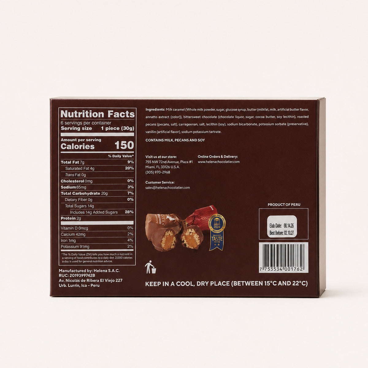 Back view of a dark brown box of Sane Sane Chocolate Company's 'Relove and Soy' chocolate, showing nutrition facts, ingredients, and product details on a clean off-white background.