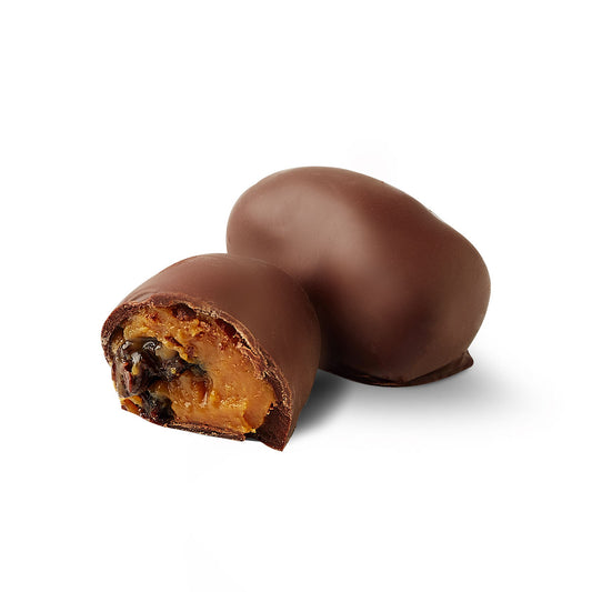 Raisin chocoteja bonbon cut in half showing filling
