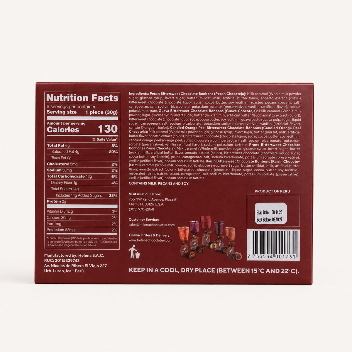 Back of a box of Pezo Cacao Blissful Chocolate Bark, showing nutrition facts, ingredients, barcode, and storage instructions on a dark reddish-brown background.