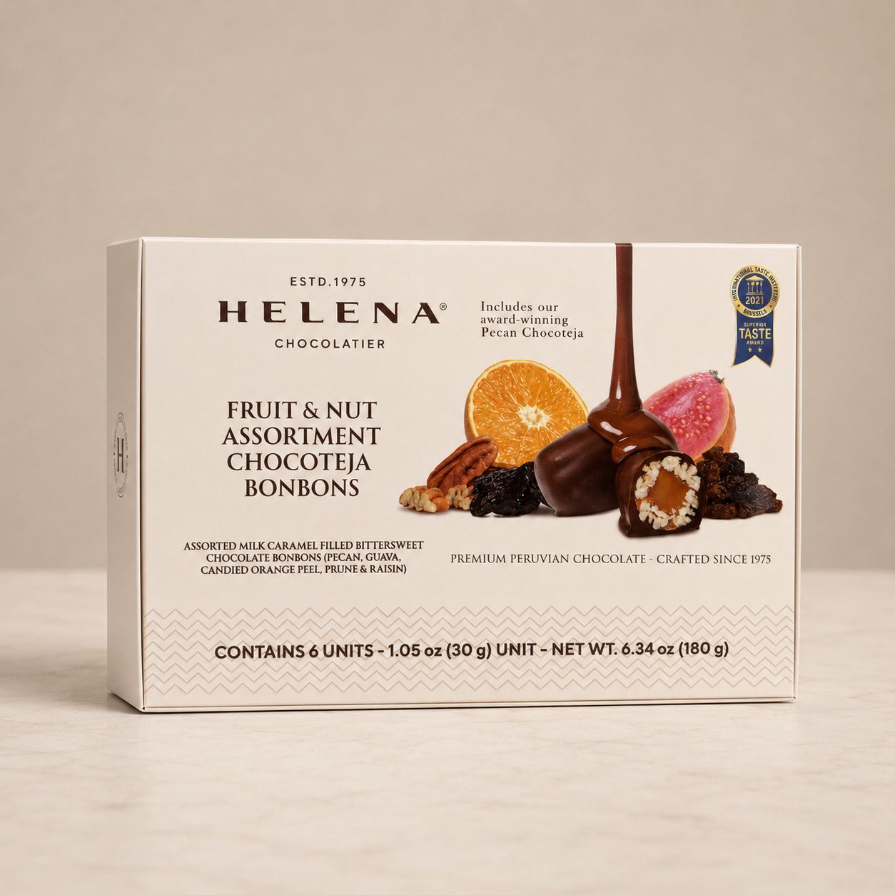 Helena Chocolatier Fruit & Nut Assortment Chocoteja Bonbons – 6-unit gift box featuring Superior Taste Award Brussels 2024, with orange, guava, pecans and raisins.
