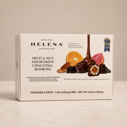 Helena Chocolatier Fruit & Nut Assortment Chocoteja Bonbons – 6-unit gift box featuring Superior Taste Award Brussels 2024, with orange, guava, pecans and raisins.