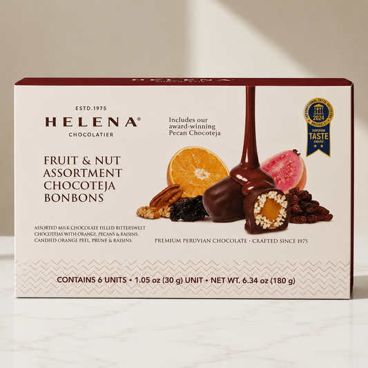 Helena Chocolatier Fruit & Nut Assortment Chocoteja Bonbons – 6-unit gift box featuring Superior Taste Award Brussels 2024, with orange, guava, pecans and raisins
