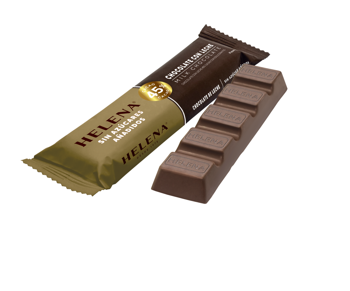 Helena no added sugar 45% cacao milk chocolate bar with brown and gold wrapper, 50 g