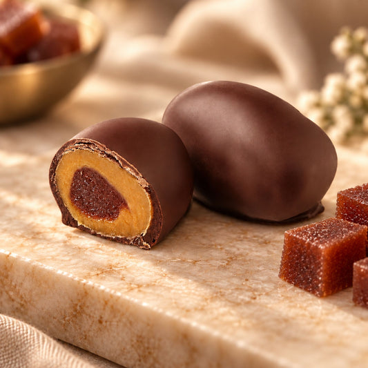 Guava Chocoteja Bonbon whole and cut in half showing guava paste center and manjar blanco filling on a wooden board.