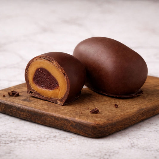 Guava Chocoteja Bonbon whole and cut in half showing guava paste center and manjar blanco filling on a wooden board