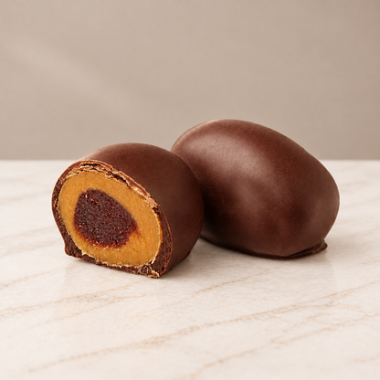 Guava Chocoteja Bonbons, one whole and one cut open to reveal the guava center and golden filling, on white marble.