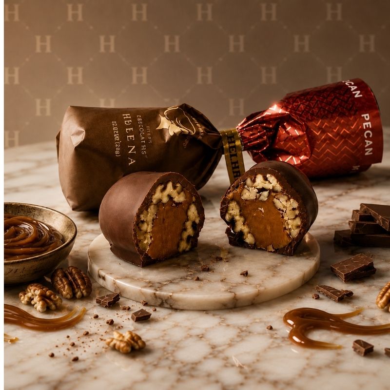 Helena Chocolatier Chocotejas cut open to reveal caramel and pecan filling, with branded wrappers on marble surface