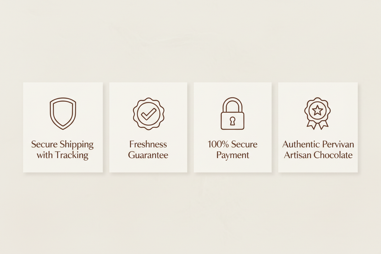 Security certifications and guarantees from Helena Chocolatier - Safe payment, reliable shipping, premium Peruvian chocolates
