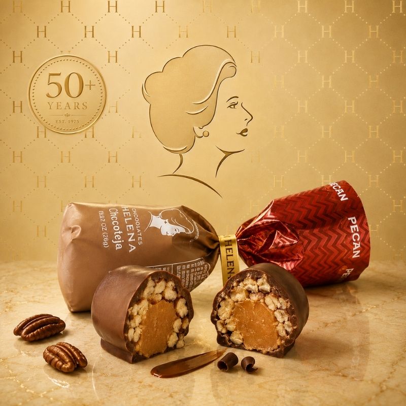 Helena Chocolates Pecan Chocoteja cut open showing caramel and pecan filling, wrapped in branded foil, 50+ years est. 1975