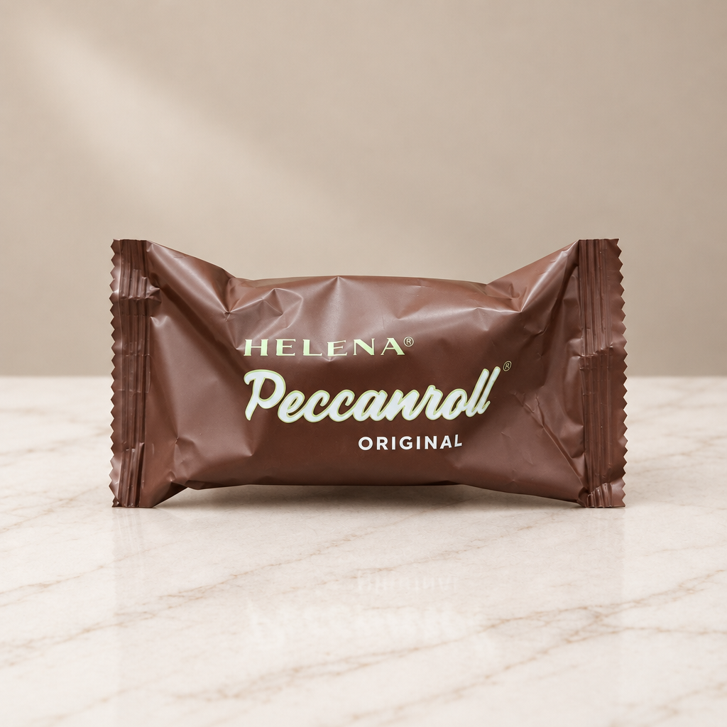 Helena Pecanroll Original in its individual brown wrapper.