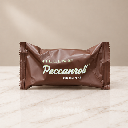 Helena Pecanroll Original in its individual brown wrapper.