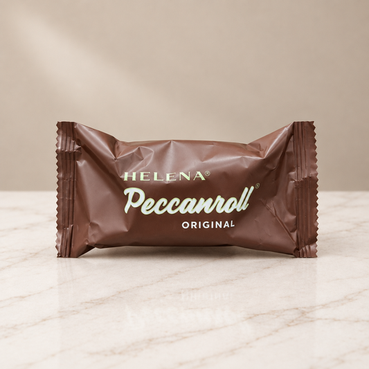 Helena Pecanroll Original in its individual brown wrapper.