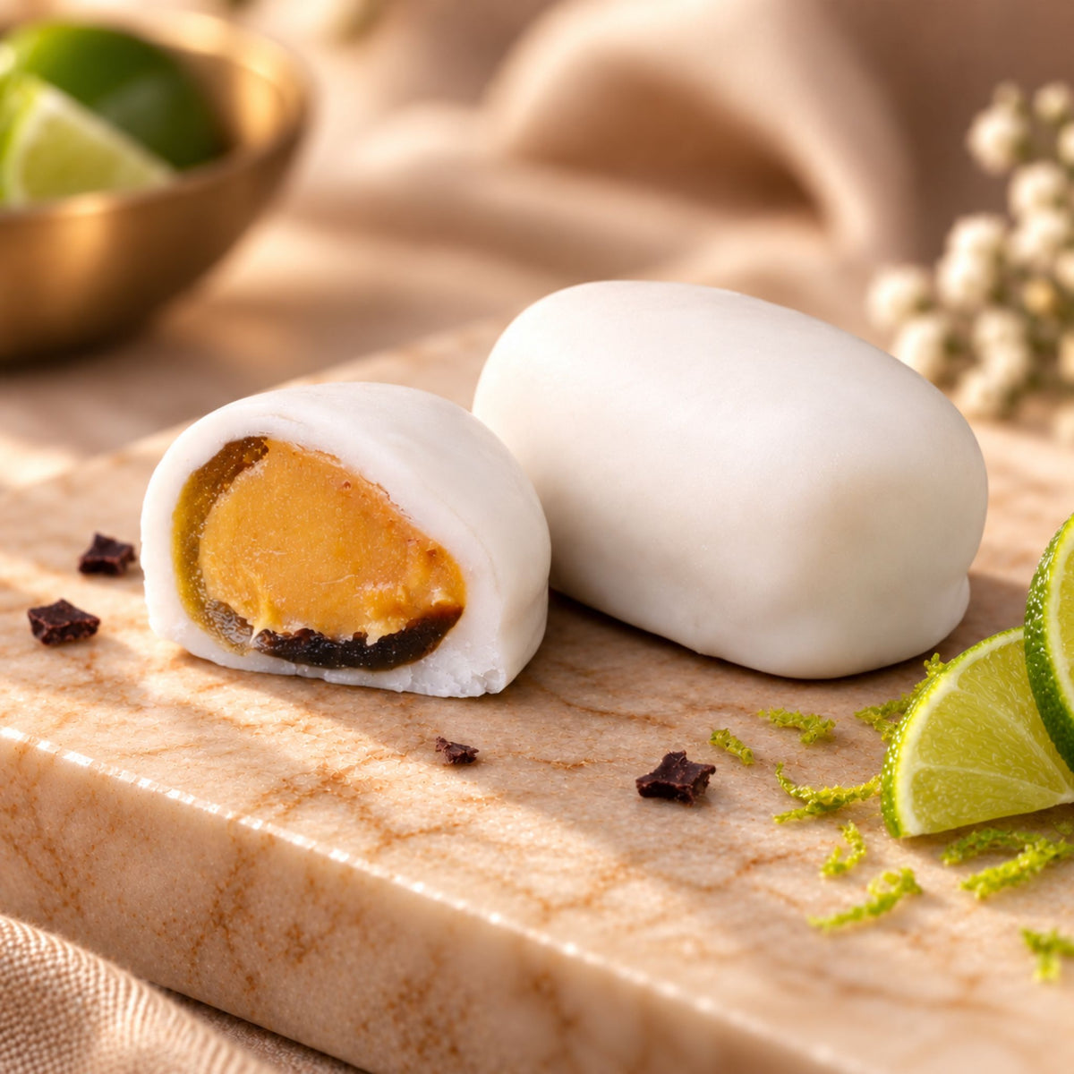 Lemon Teja Bonbon whole and cut in half showing lemon fondant filling on a wooden board