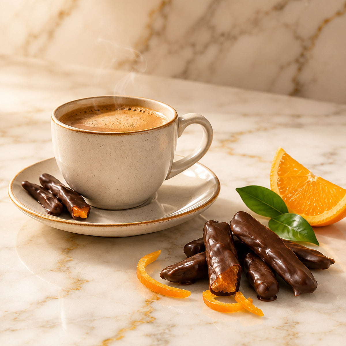 Helena Naranjitas dark chocolate orange peels served alongside a cup of coffee on marble, with fresh orange slice and mint leaf
