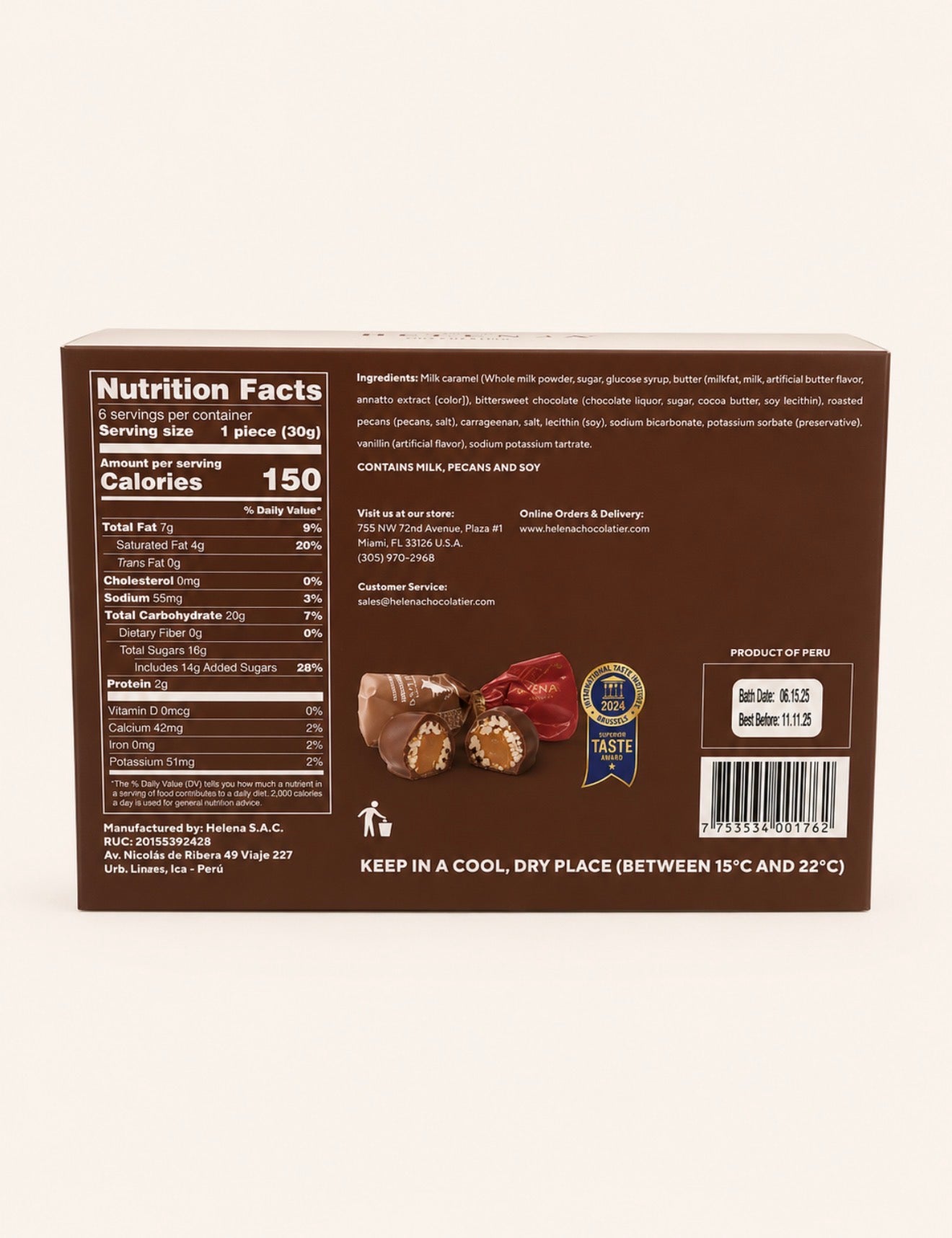 Nutrition facts label for Helena Chocolatier Pecan Chocoteja Bonbon 6-unit box