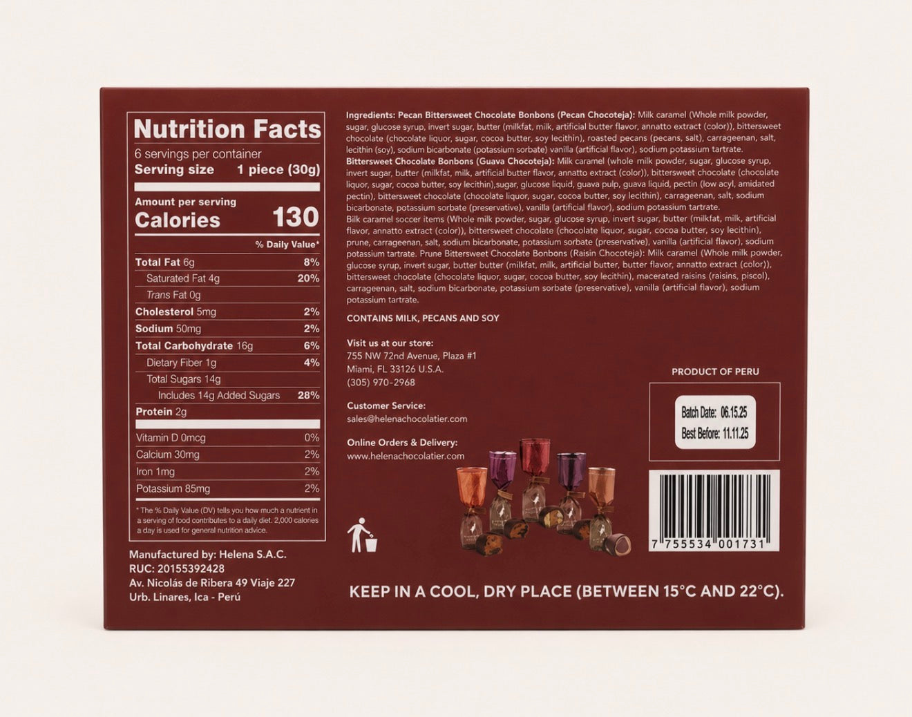 Nutrition facts label on a product packaging with ingredients list and branding details of Chocoteja Bonbons