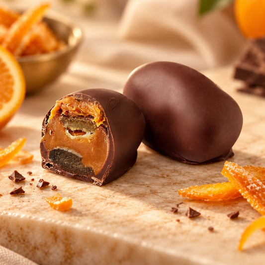 Orange Chocoteja Bonbon whole and cut in half showing candied orange peel and manjar blanco filling on a wooden board.