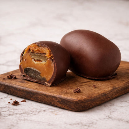 Orange Chocoteja Bonbon whole and cut in half showing candied orange peel and manjar blanco filling on a wooden board