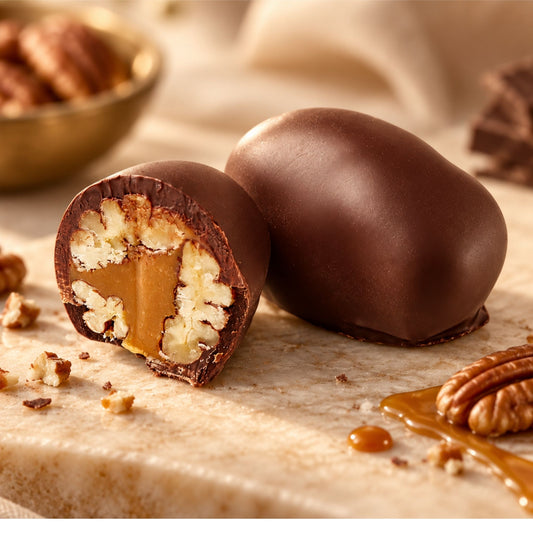 Pecan Chocoteja Bonbon whole and cut in half showing pecan and manjar blanco filling on a wooden board.