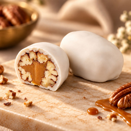 Pecan Teja Bonbon whole and cut in half showing pecan and fondant filling on a wooden board.