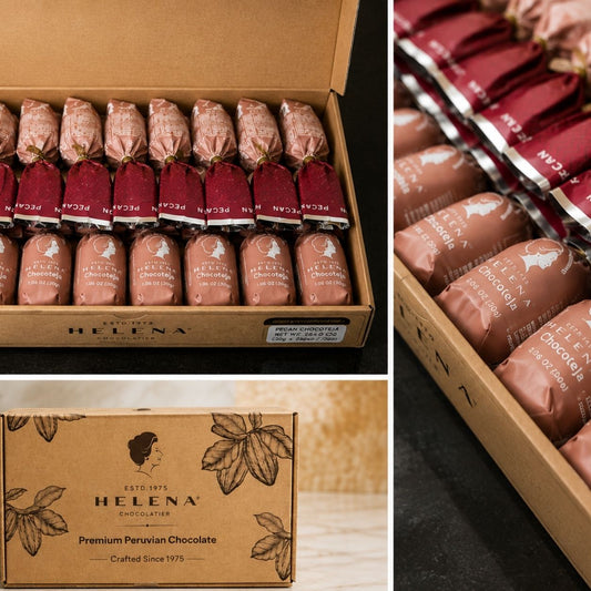 A collage showing a box of Helena Premium Peruvian Chocolate cigars. The left panel shows the open kraft cardboard box containing rows of chocolate cigars wrapped in dark red and light pink paper with brown string.