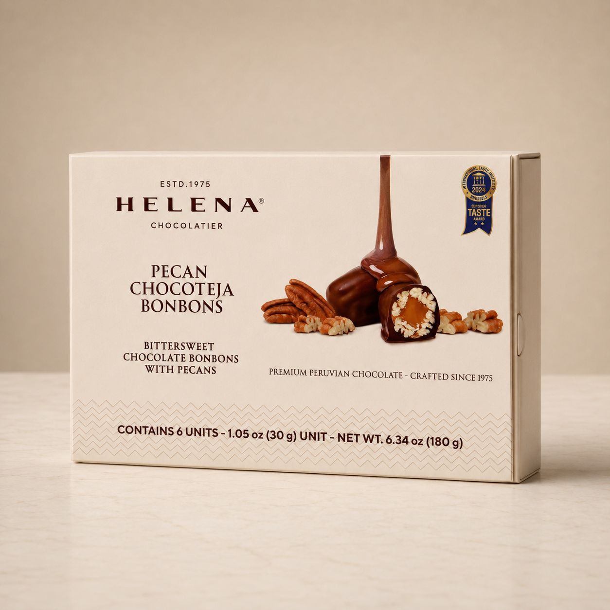 Pecan Chocoteja Bonbon 6-unit box with Helena Chocolatier wrapped bonbons.