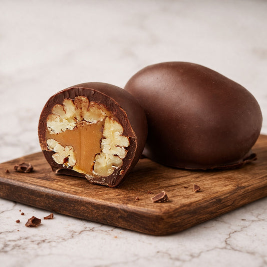 Pecan Chocoteja Bonbon whole and cut in half showing pecan and manjar blanco filling on a wooden board