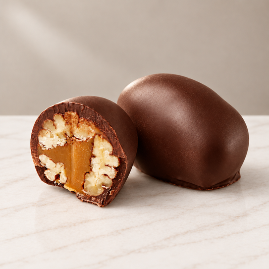 Pecan Chocoteja Bonbon whole and cut in half showing pecan and manjar blanco filling on a wooden board.