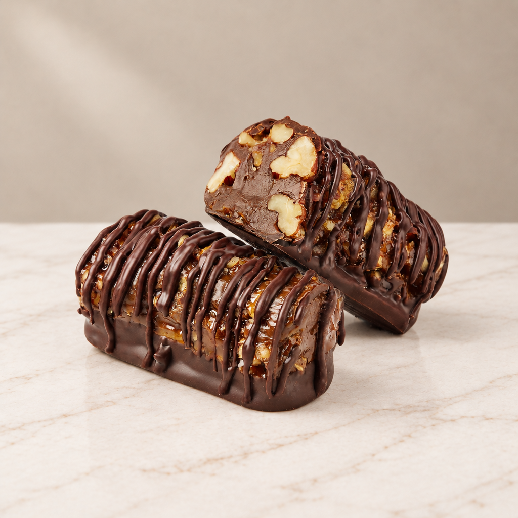 Pecanroll chocolate-covered pecan toffee, cut open to reveal the filling, on white marble.