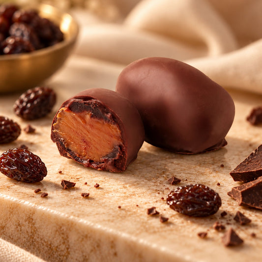 Prune Chocoteja Bonbon whole and cut in half showing prune and manjar blanco filling on a wooden board.