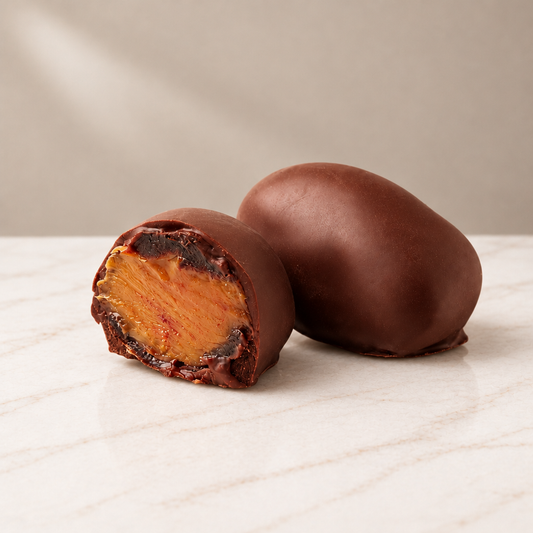 Chocoteja Bonbons, one whole and one cut open to reveal the fruit and golden filling, on white marble.”