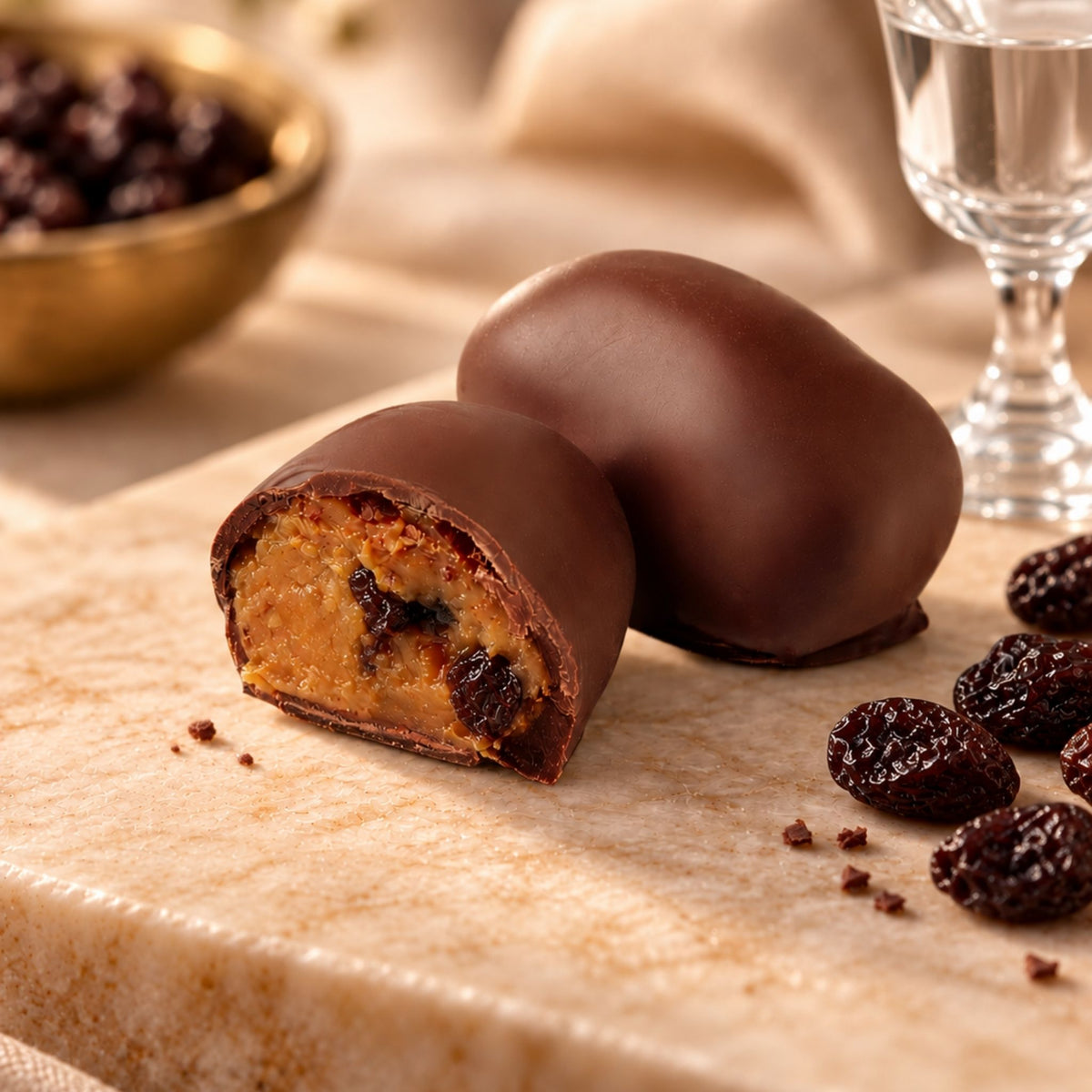 Raisin Chocoteja Bonbon whole and cut in half showing raisins and manjar blanco filling on a wooden board.