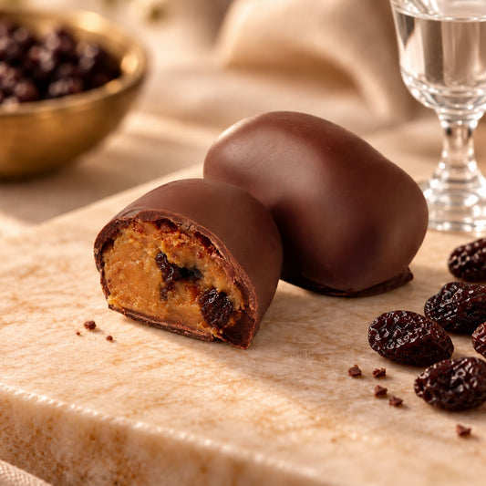 Raisin Chocoteja Bonbon whole and cut in half showing raisins and manjar blanco filling on a wooden board.