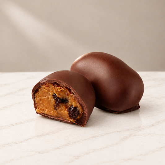 aisin Chocoteja Bonbons, one whole and one cut open to reveal raisins and golden filling, on white marble