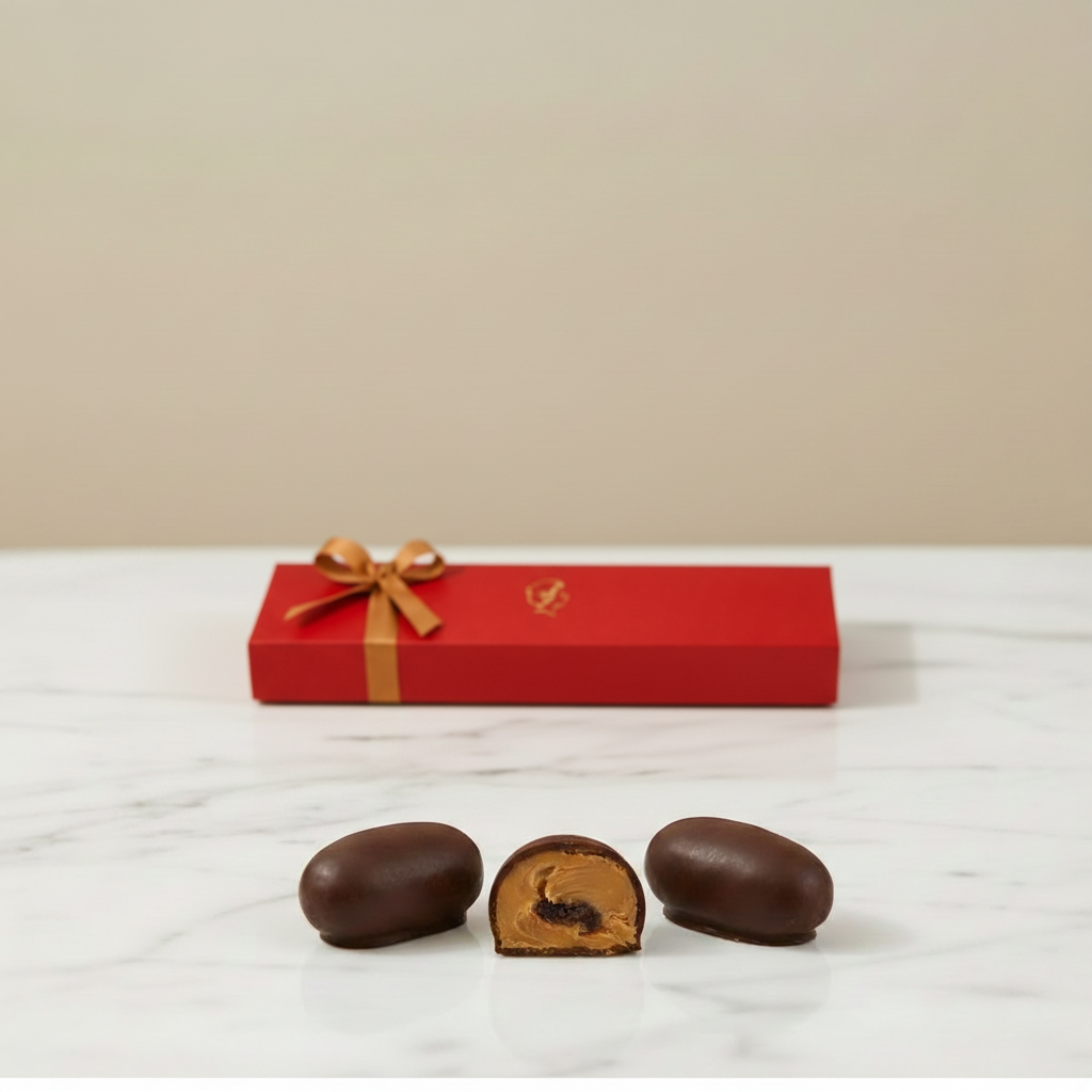 Chocolate-covered confections, including one broken in half to show the filling, displayed on a white marble surface with a red gift box and gold ribbon in the background.
