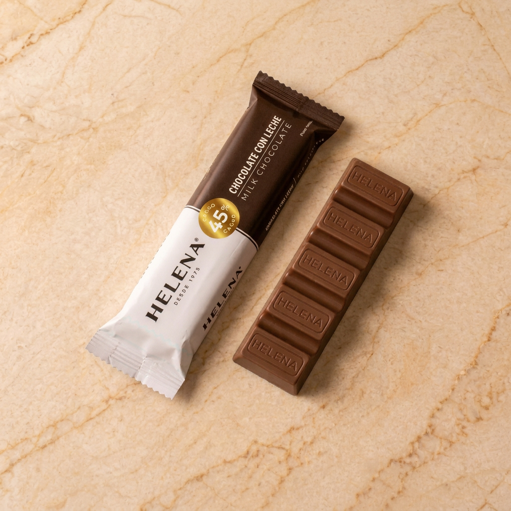 Barra de chocolate con leche sobre mármol crema