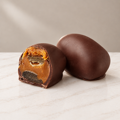 Orange Chocoteja Bonbon whole and cut in half showing candied orange peel and manjar blanco filling on a marble board.