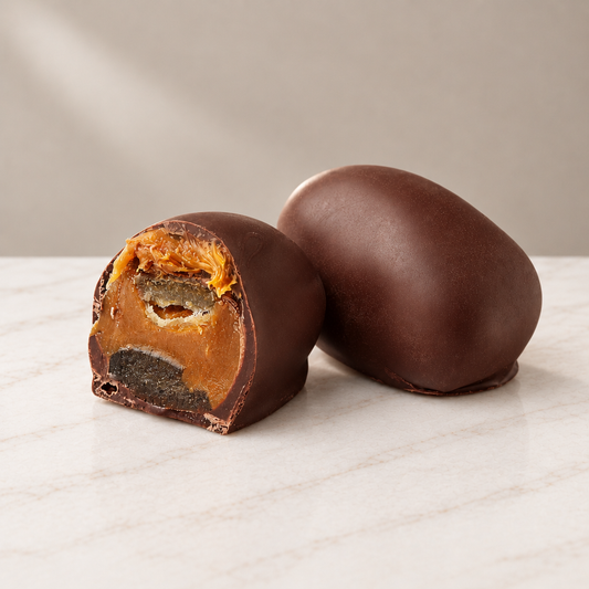 Orange Chocoteja Bonbon whole and cut in half showing candied orange peel and manjar blanco filling on a marble board.