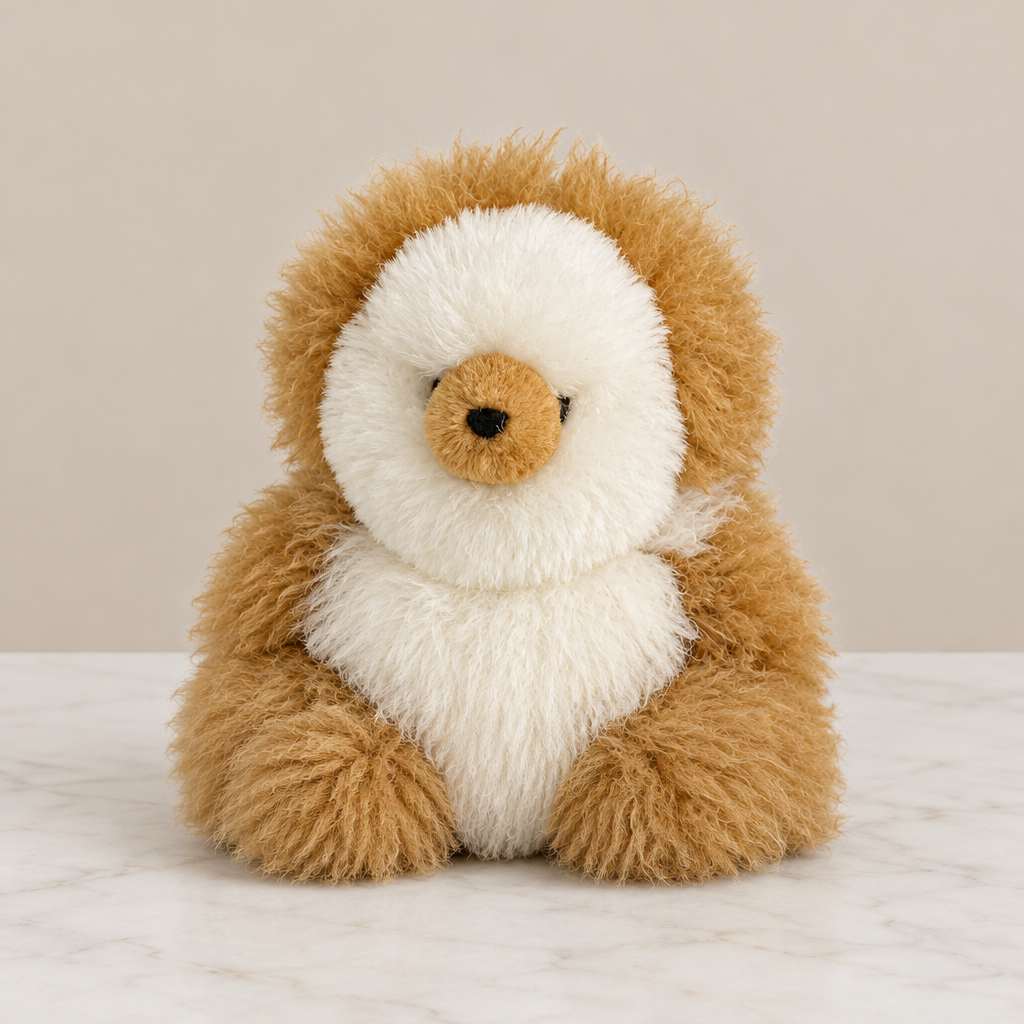 Muñeco de baby alpaca sobre mármol blanco