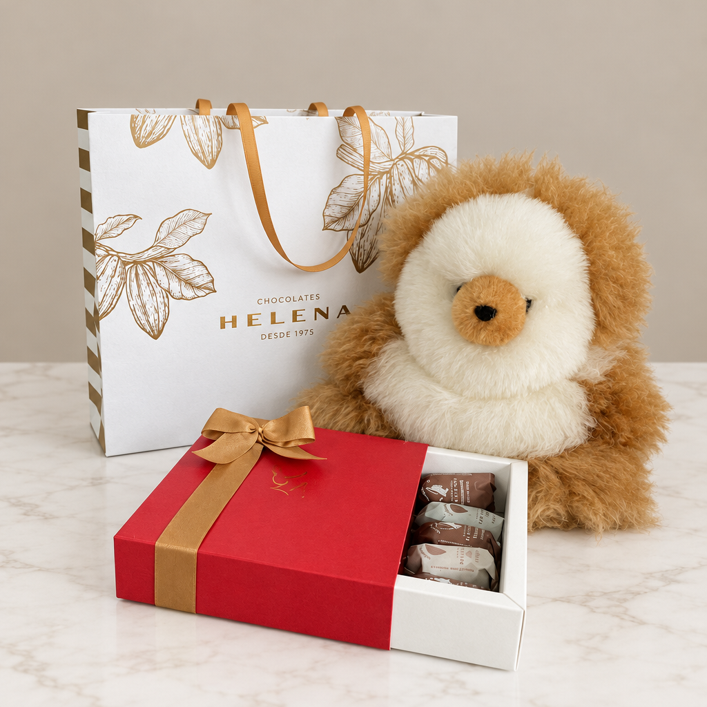 Regalo Helena con peluche, bolsa y caja sobre mármol blanco