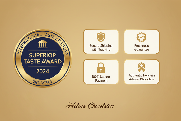 Trust badges Helena Chocolatier con fondo beige luxury